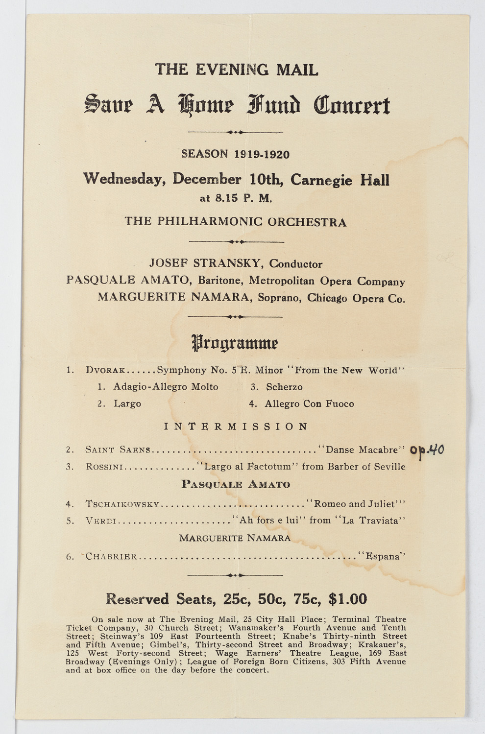 Evening Mail Save-A-Home Fund Concert: New York Philharmonic, December 10, 1919