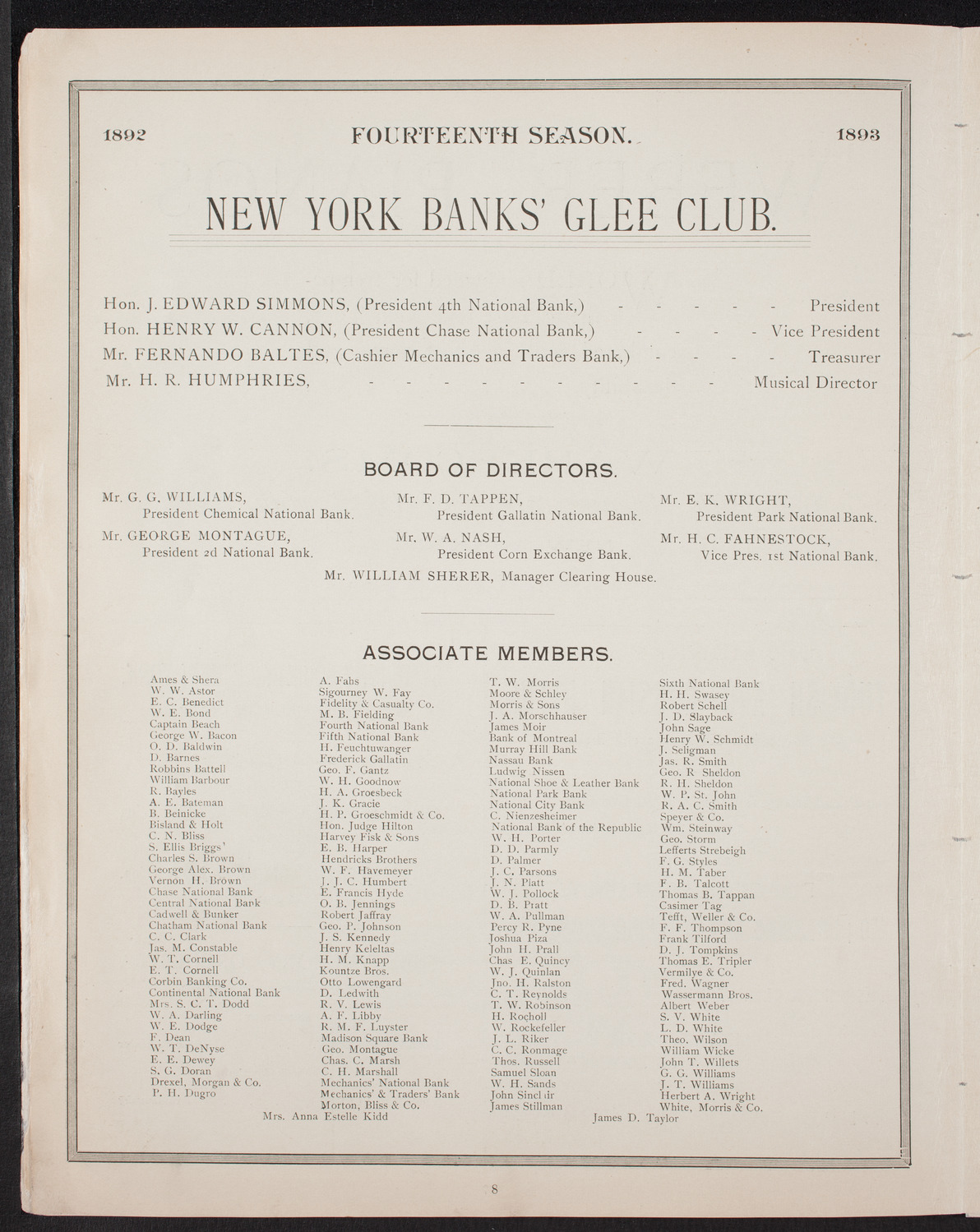 New York Banks' Glee Club, December 14, 1892, program page 8