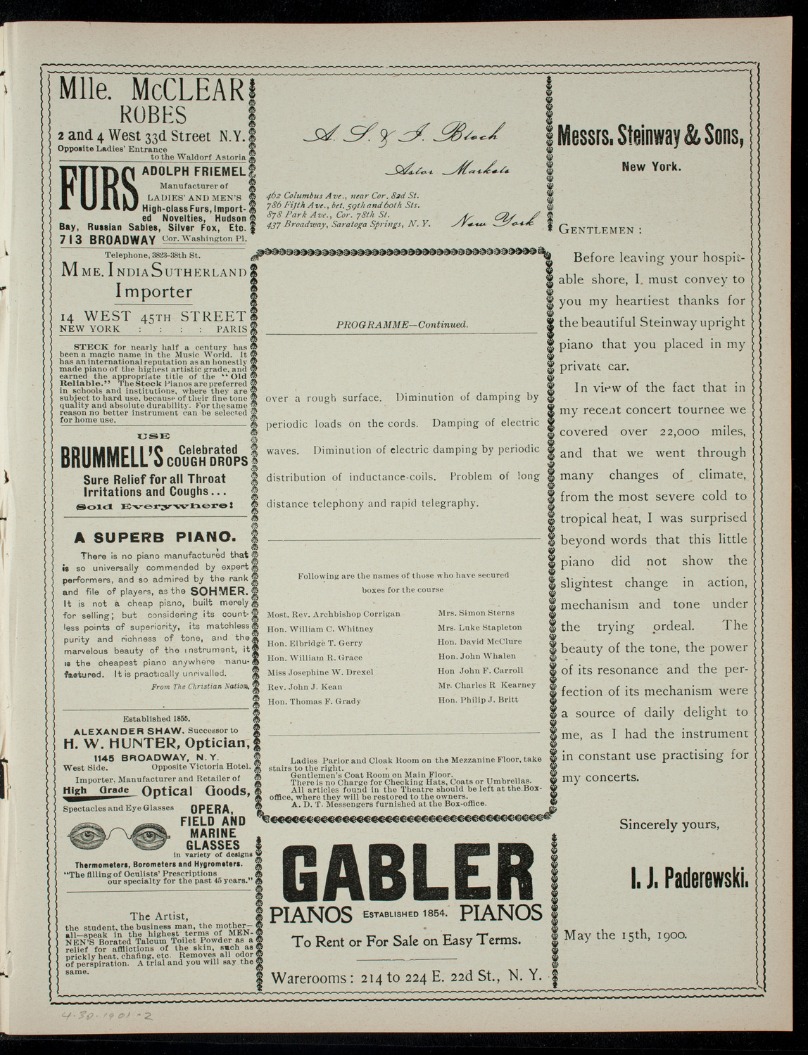 Lecture on Electrical Wave Transmission, April 30, 1901, program page 3