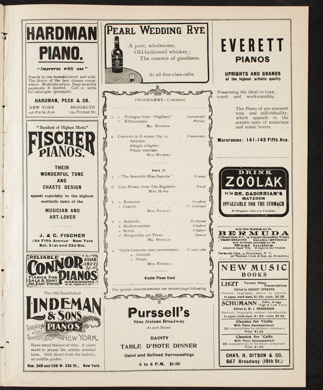 Marie Nichols, David Bispham, and Emma Howe with Wetzler Symphony Orchestra, February 21, 1904, program page 7