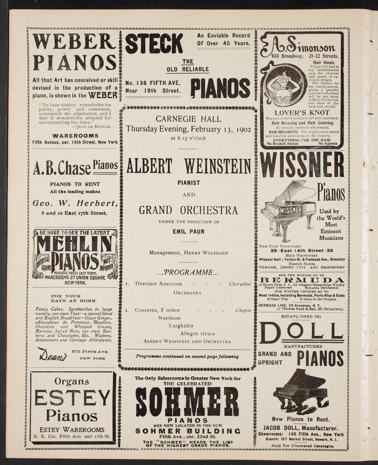 Albert Weinstein with Orchestra, February 13, 1902, program page 6