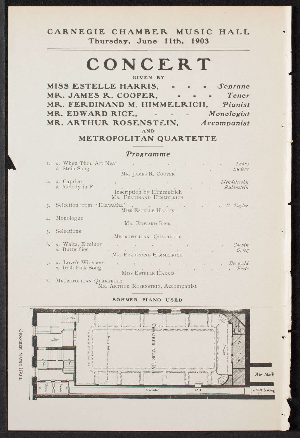 Estelle Harris, James R. Cooper, Ferdinand M. Himmelrich, Edward Rice, Arthur Rosenstein, and Metropolitan Quartette, June 11, 1903, program page 2