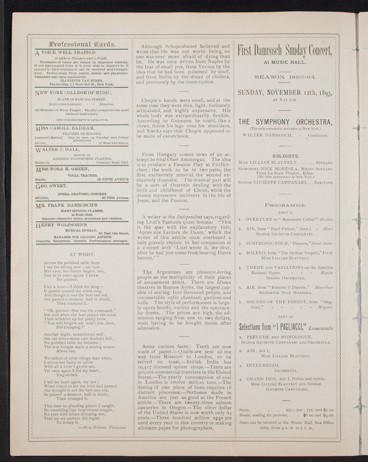 New York Symphony Orchestra, November 10, 1893, program page 2