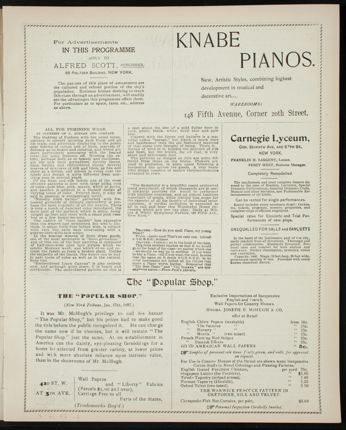 Illustrated Lecture: Evolution of the Earth, March 31, 1897, program page 3