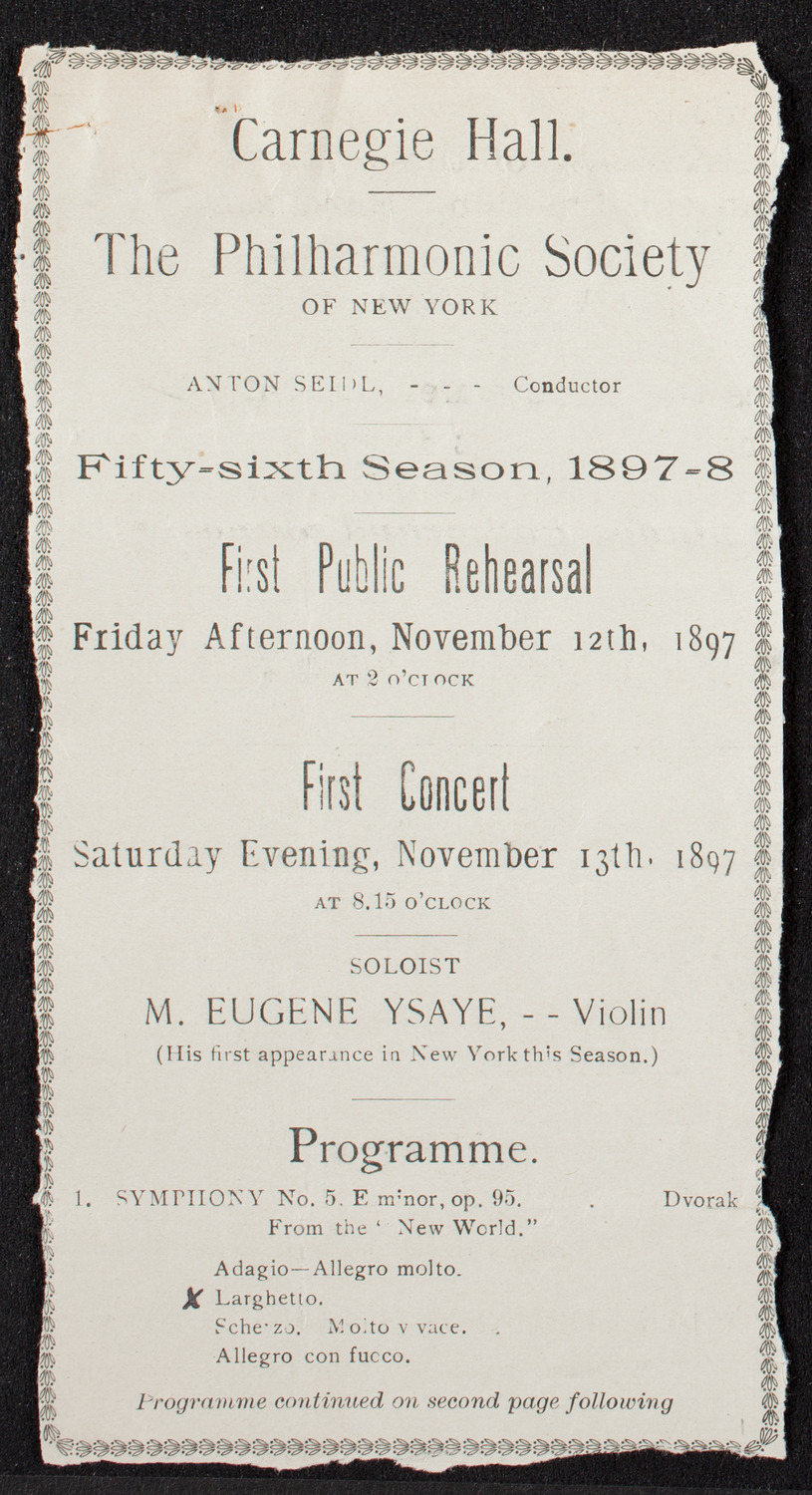 New York Philharmonic, November 12, 1897, program page 1