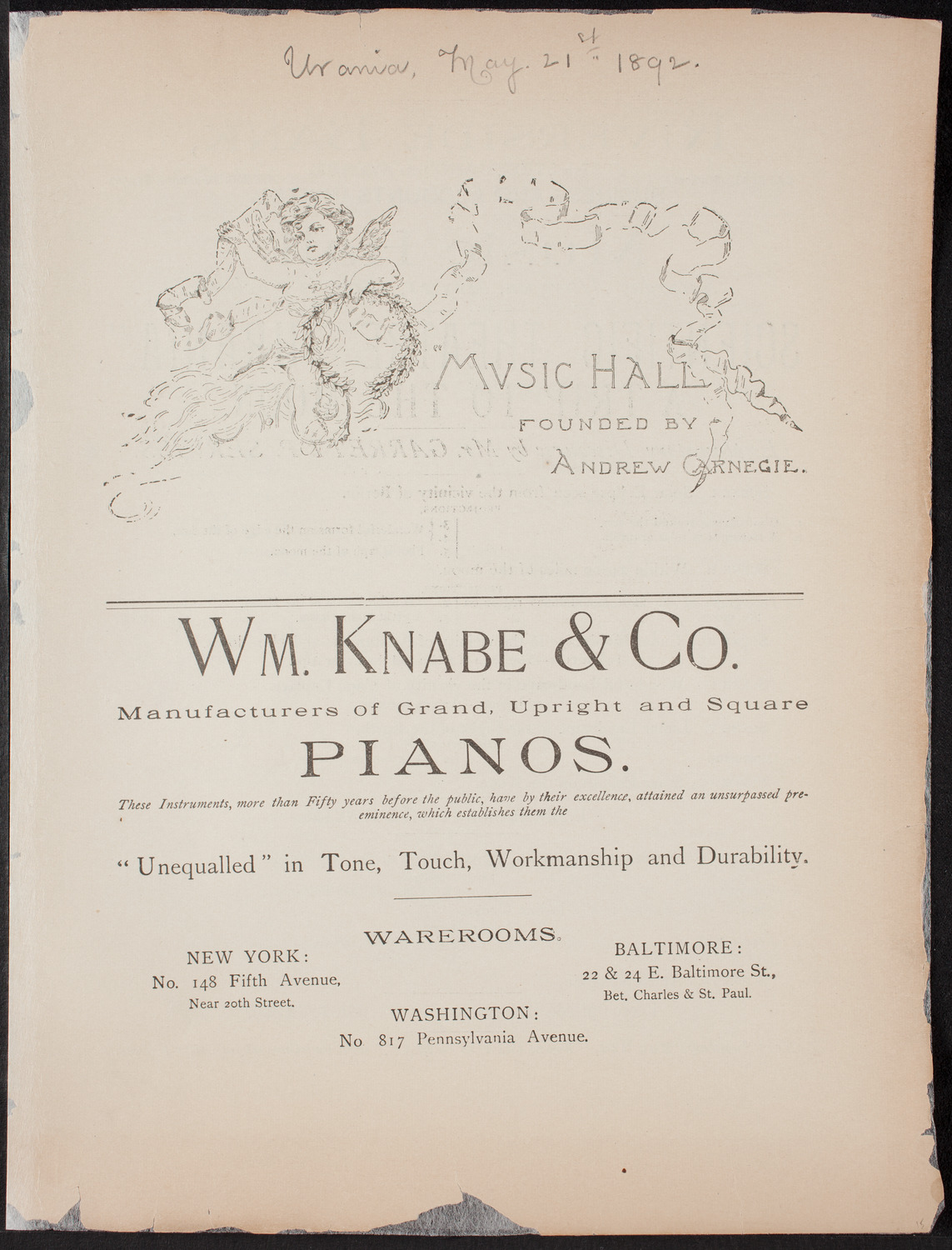 Urania Scientific Theatre, May 21, 1892, program page 1