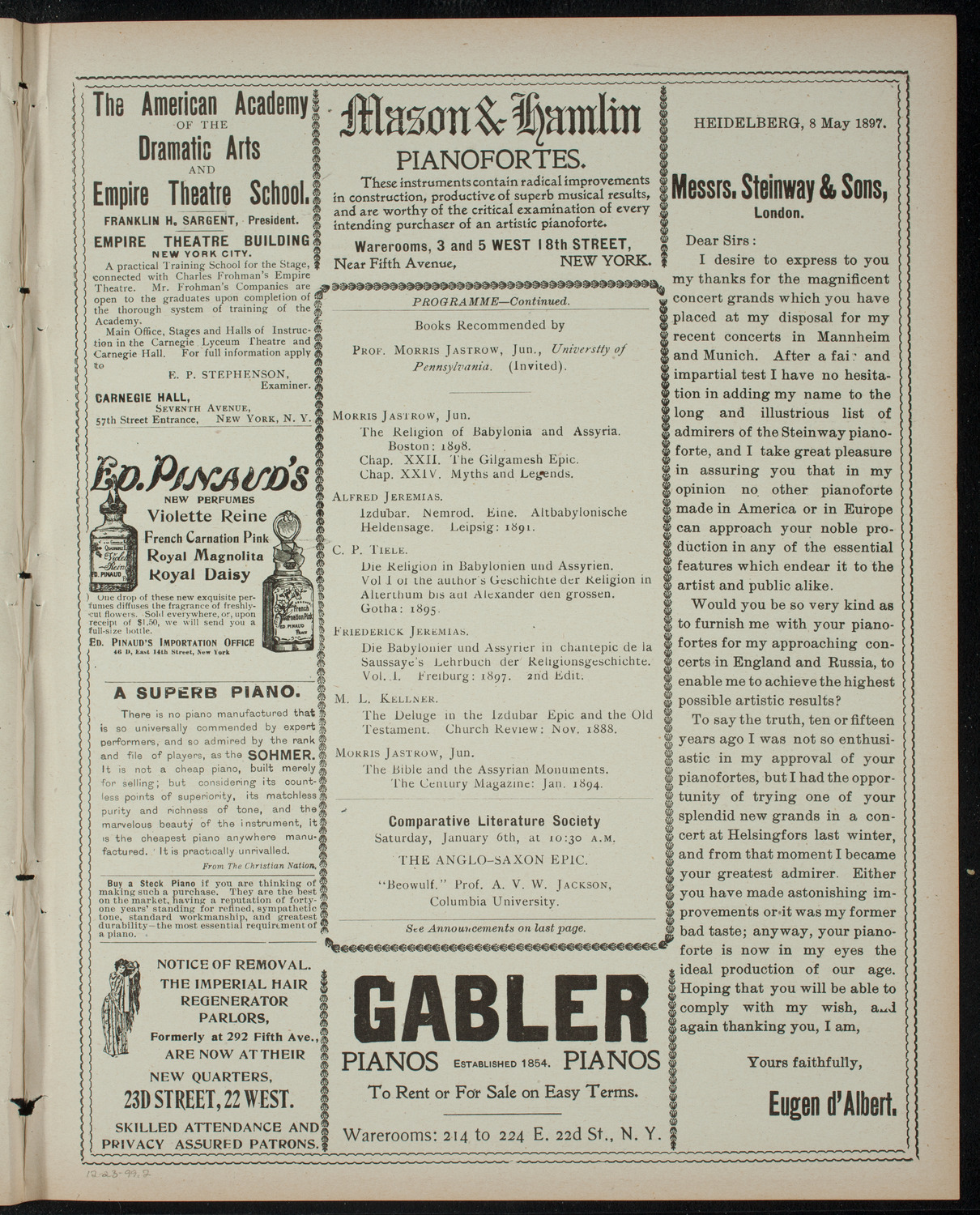 Comparative Literature Society, December 23, 1899, program page 3