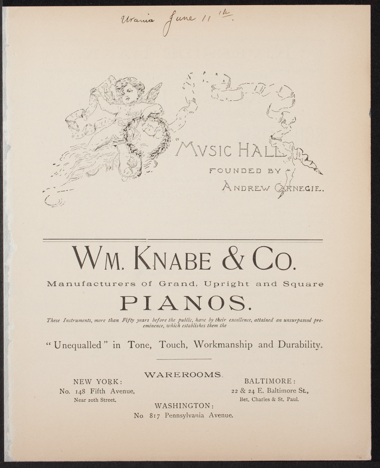 Urania Scientific Theatre, June 11, 1892, program page 1