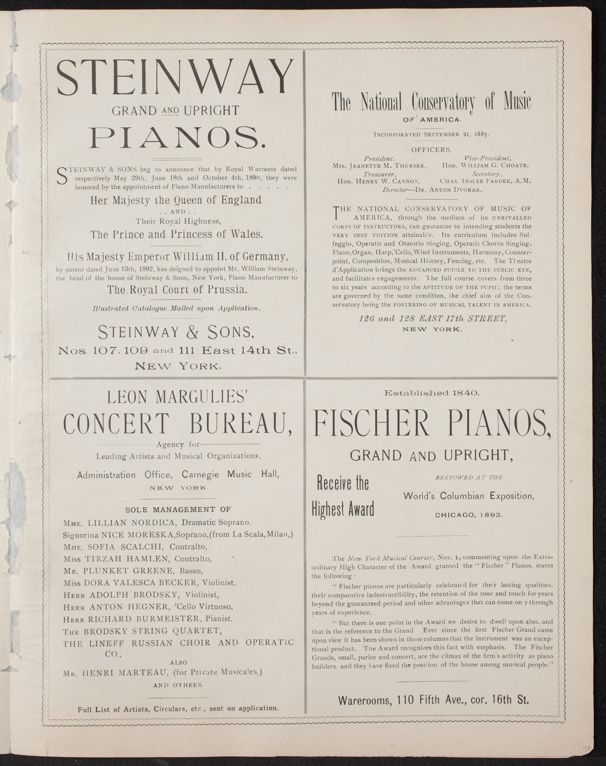Damrosch Sunday Concert, November 19, 1893, program page 5