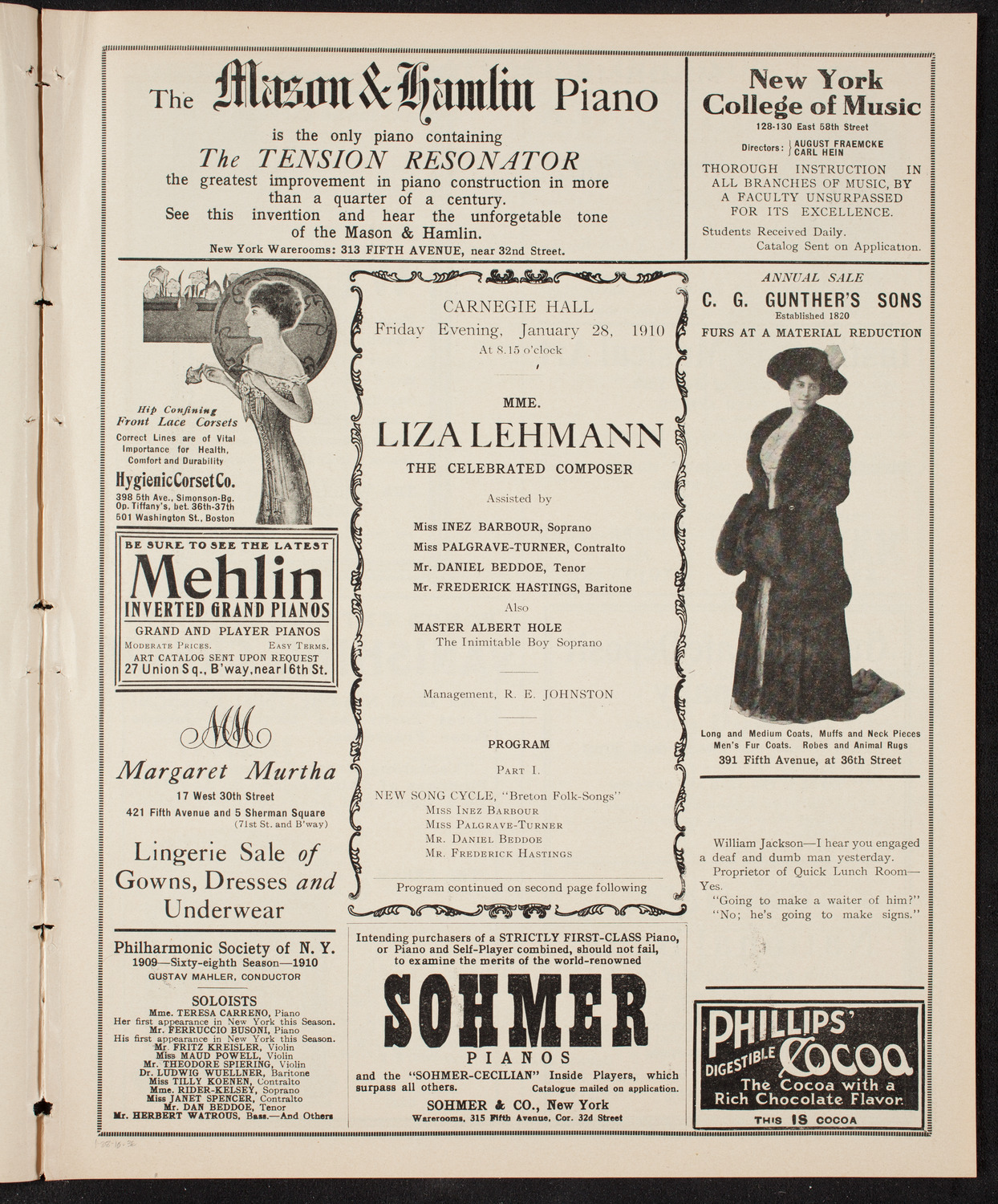 Liza Lehmann, Composer and Pianist, January 28, 1910, program page 5