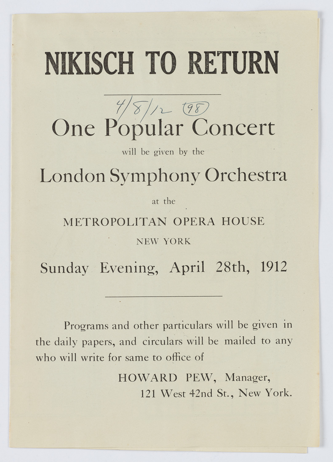 London Symphony Orchestra, April 29, 1912