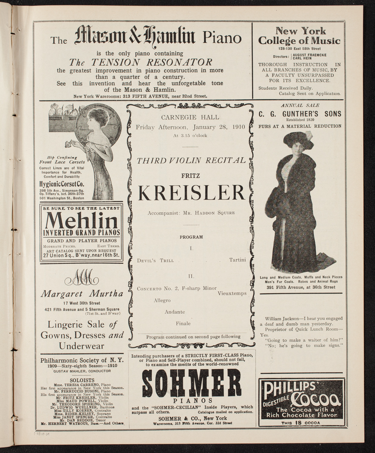 Fritz Kreisler, Violin, January 28, 1910, program page 5