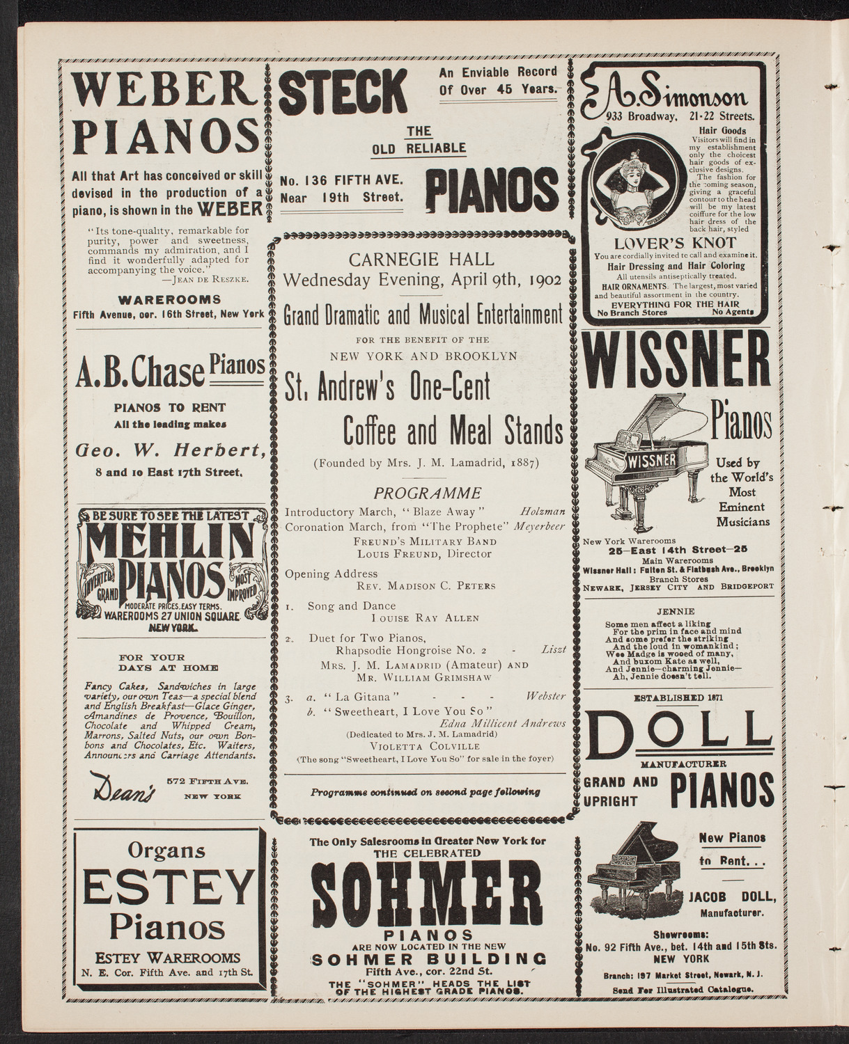 Benefit: St. Andrew's One-Cent Coffee and Meal Stands, April 9, 1902, program page 6