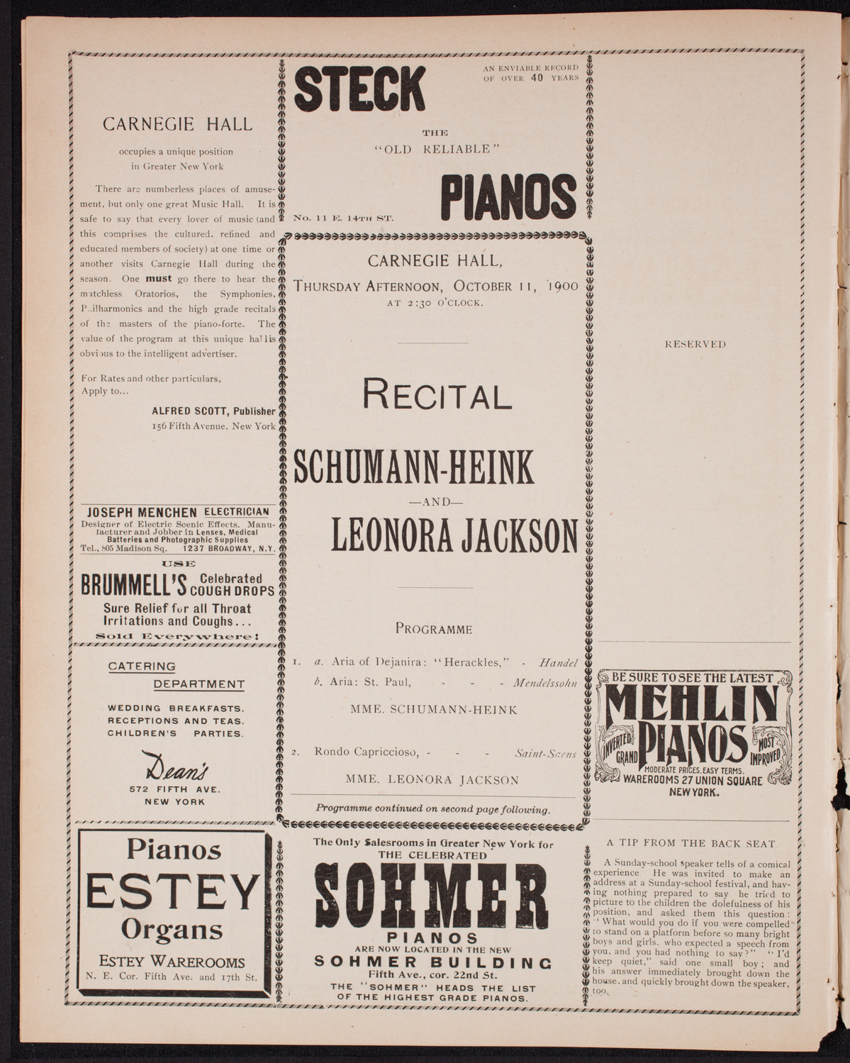 Ernestine Schumann-Heink, Mezzo-Soprano, and Leonora Jackson, Violin, October 11, 1900, program page 4