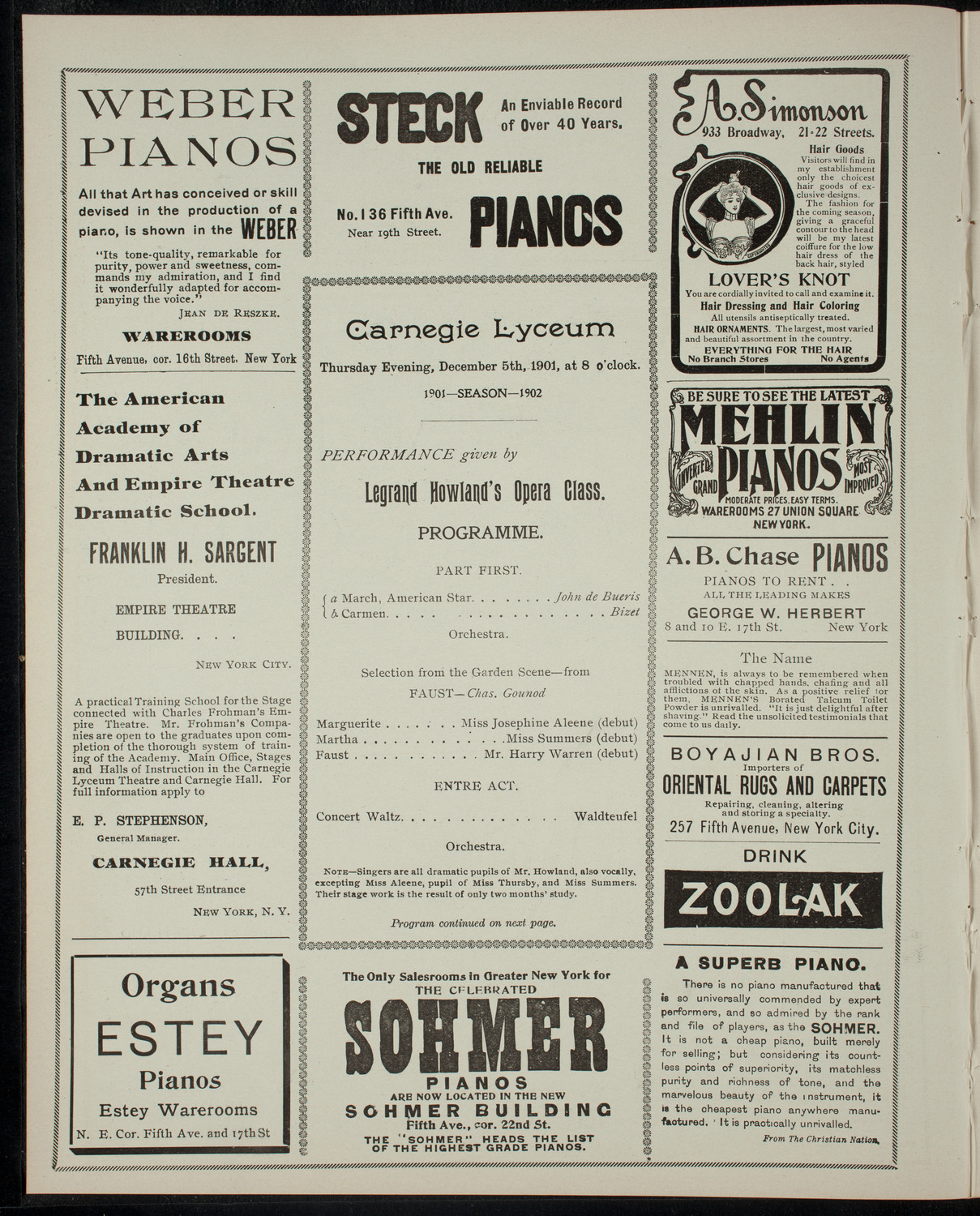 Legrand Howland's Opera Class, December 5, 1901, program page 2