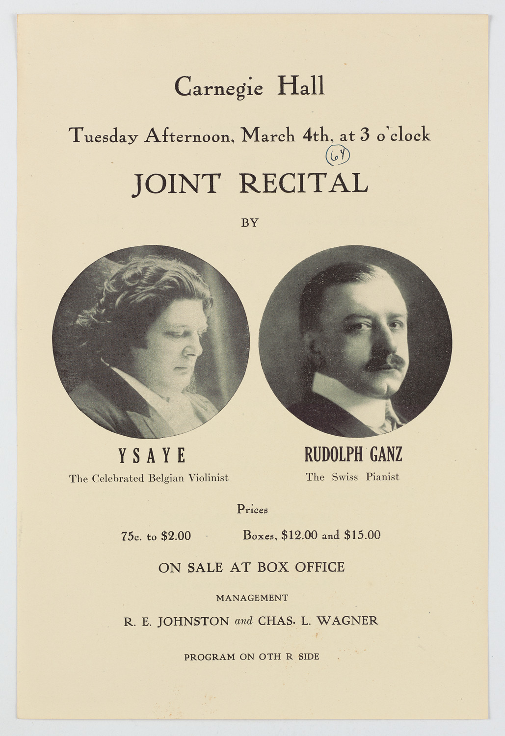 Eugène Ysaÿe and Rudolph Ganz, March 4, 1913