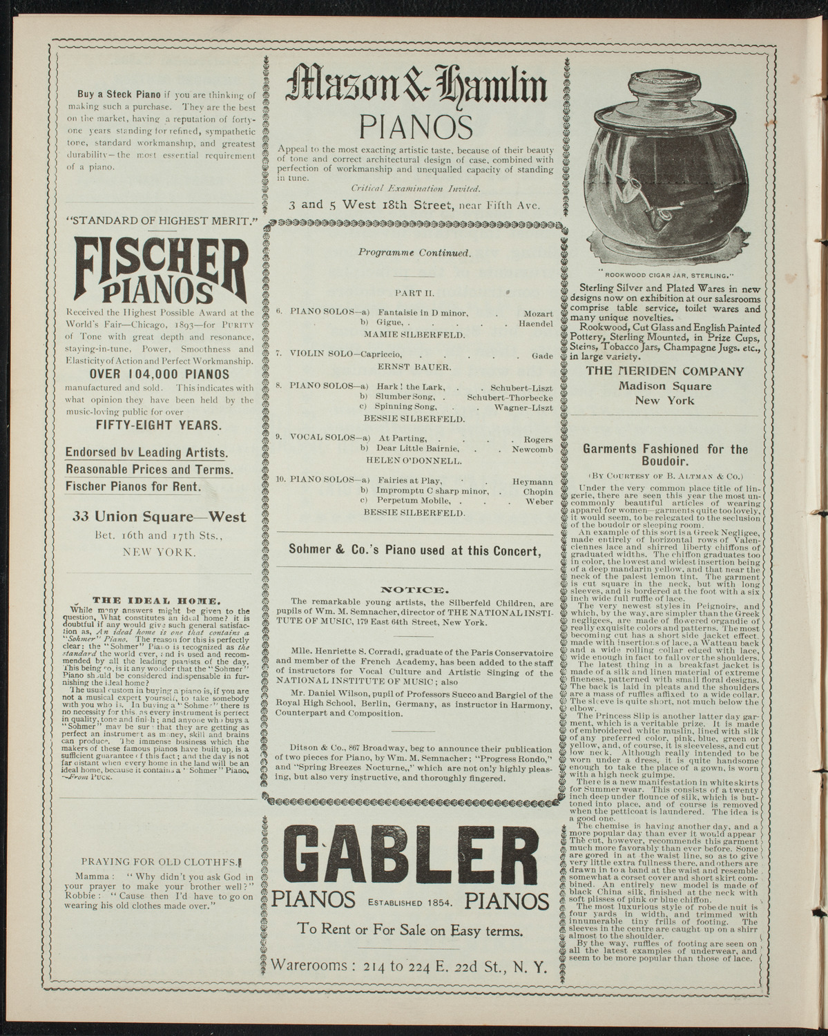 Benefit: Bessie and Mamie Silberfeld, April 18, 1898, program page 6