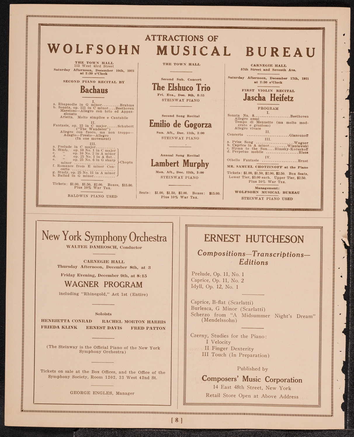 Sergei Rachmaninoff, Piano, December 4, 1921, program page 8