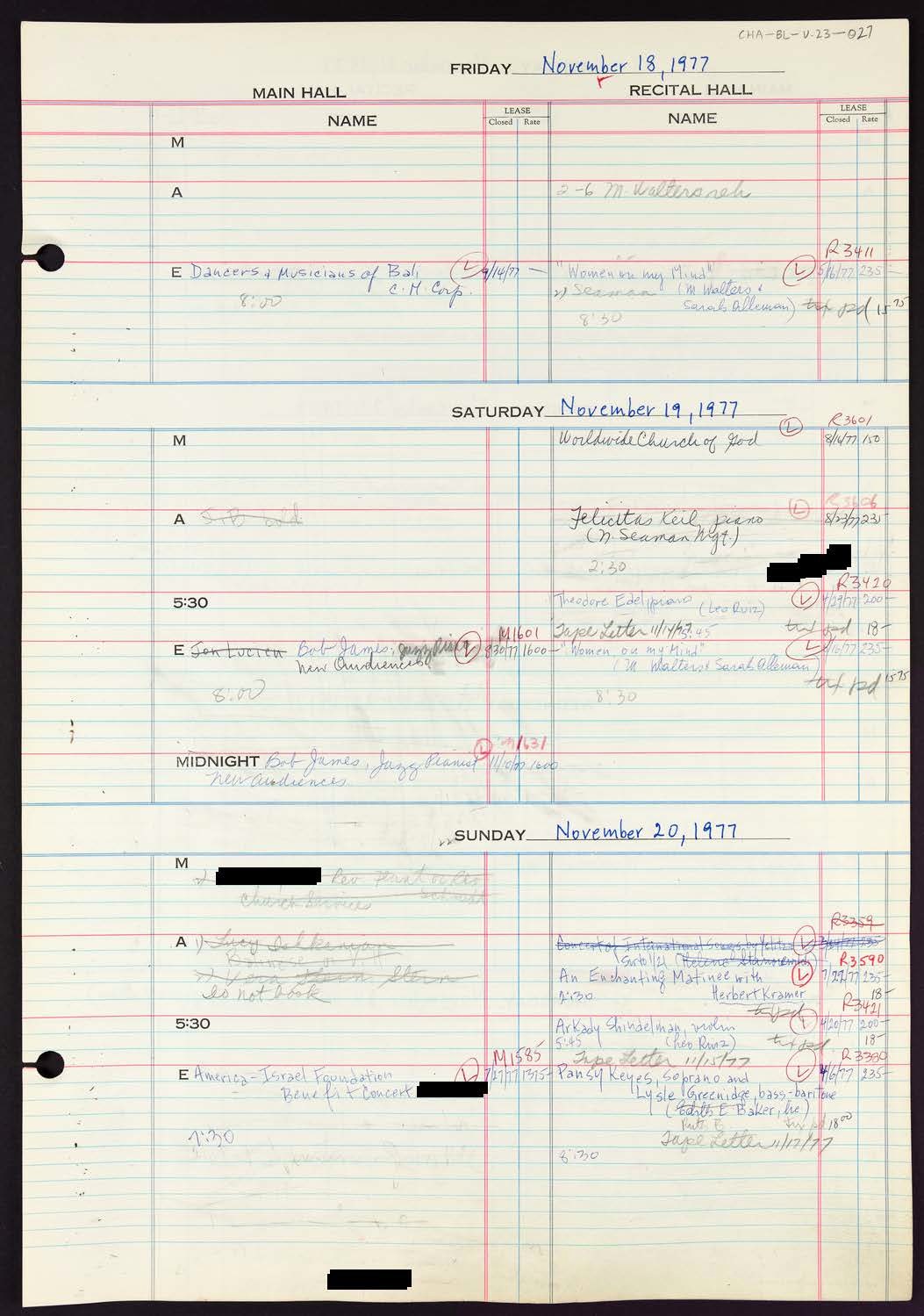 Carnegie Hall Booking Ledger, volume 23, page 27