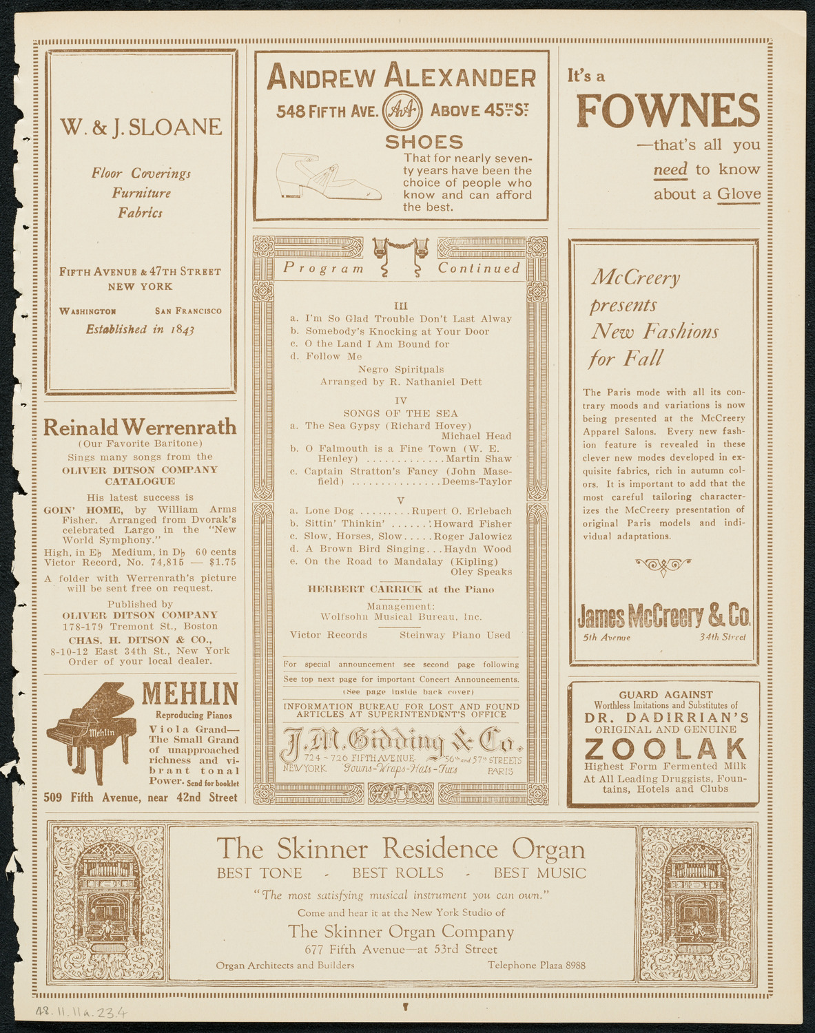 Reinald Werrenrath, Baritone, November 11, 1923, program page 7