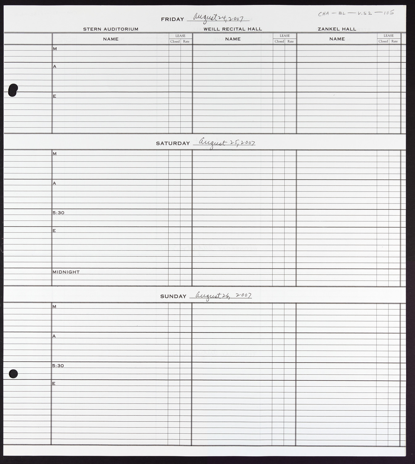 Carnegie Hall Booking Ledger, volume 52, page 105