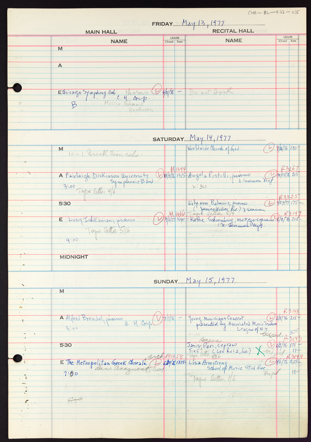 Carnegie Hall Booking Ledger, volume 22, page 75