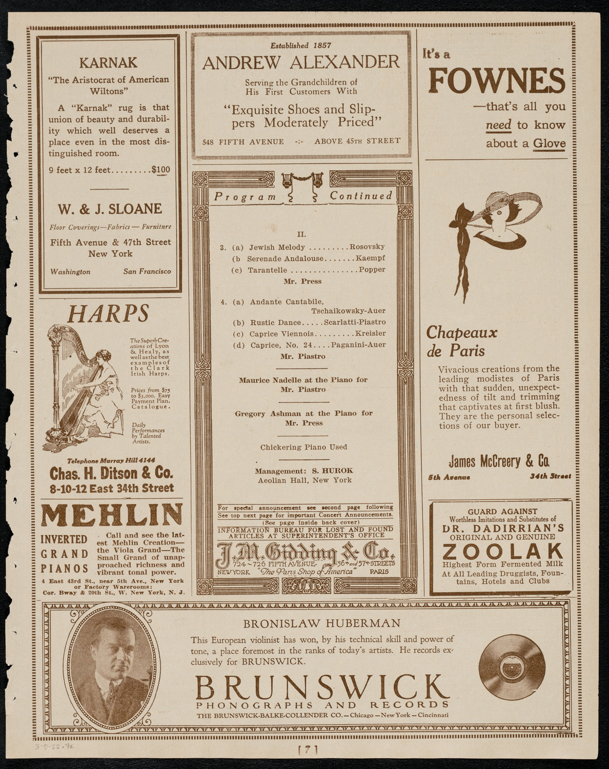 Mishel Piastro, Violin, and Joseph Press, Cello, March 5, 1922, program page 7