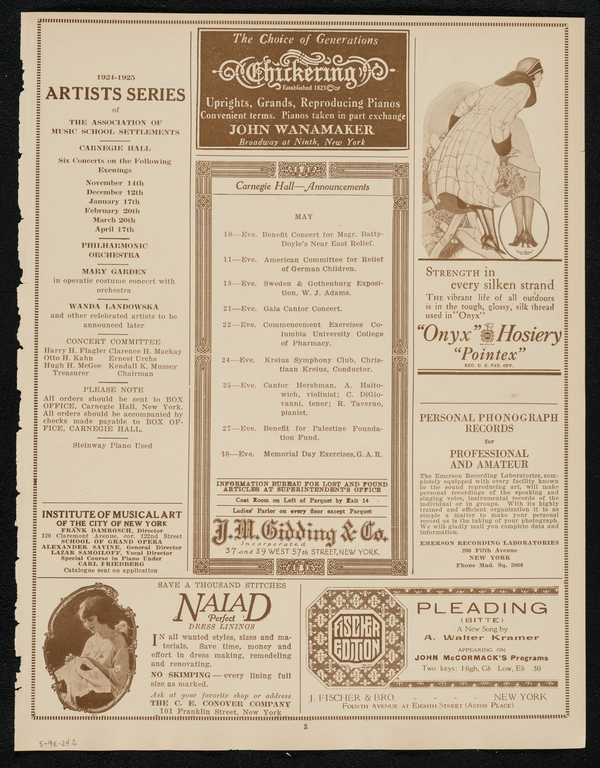 Ignacy Jan Paderewski, Piano, Efrem Zimbalist, Violin, and Felix Salmond, Cello, May 9, 1924, program page 3