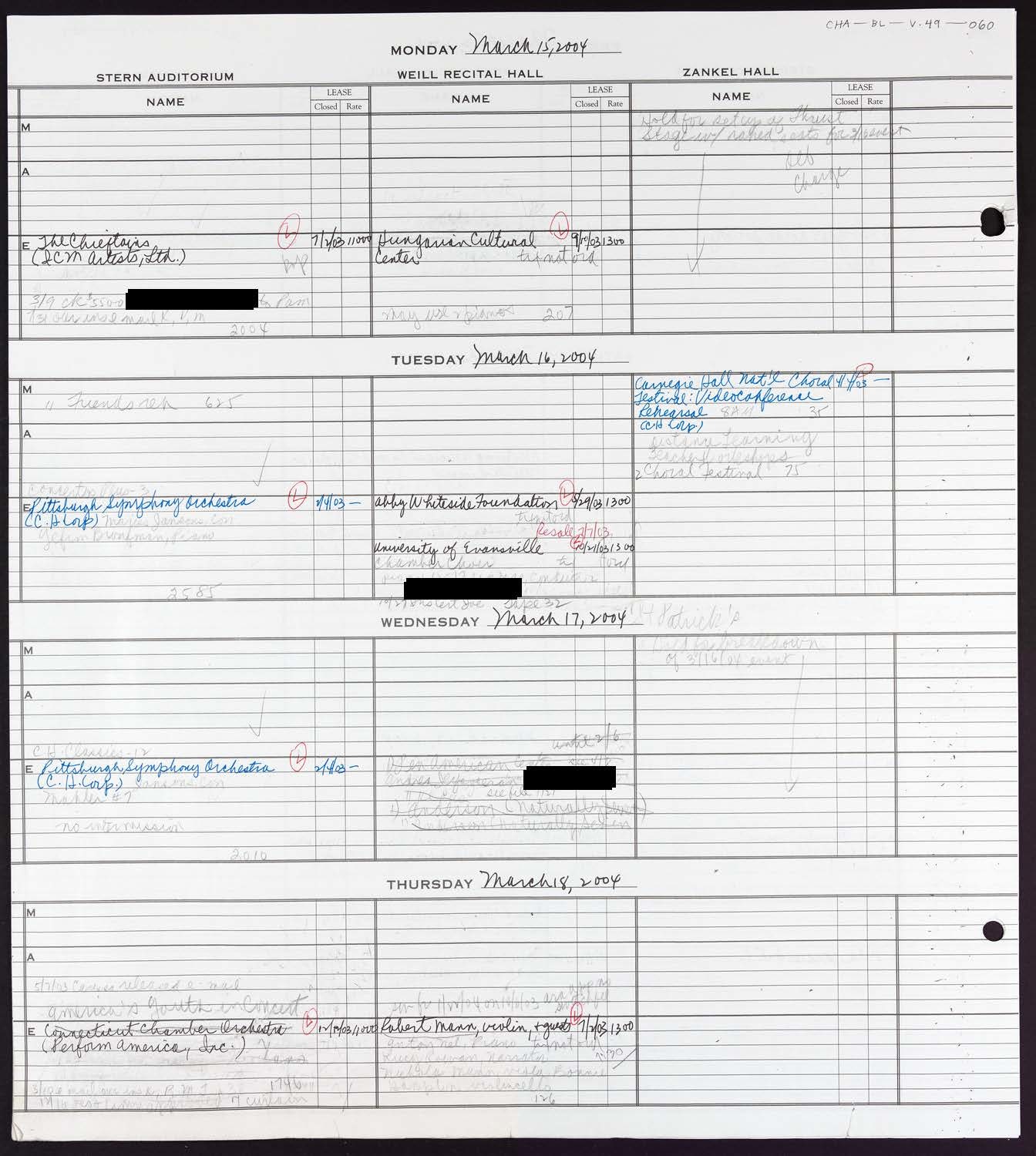 Carnegie Hall Booking Ledger, volume 49, page 60