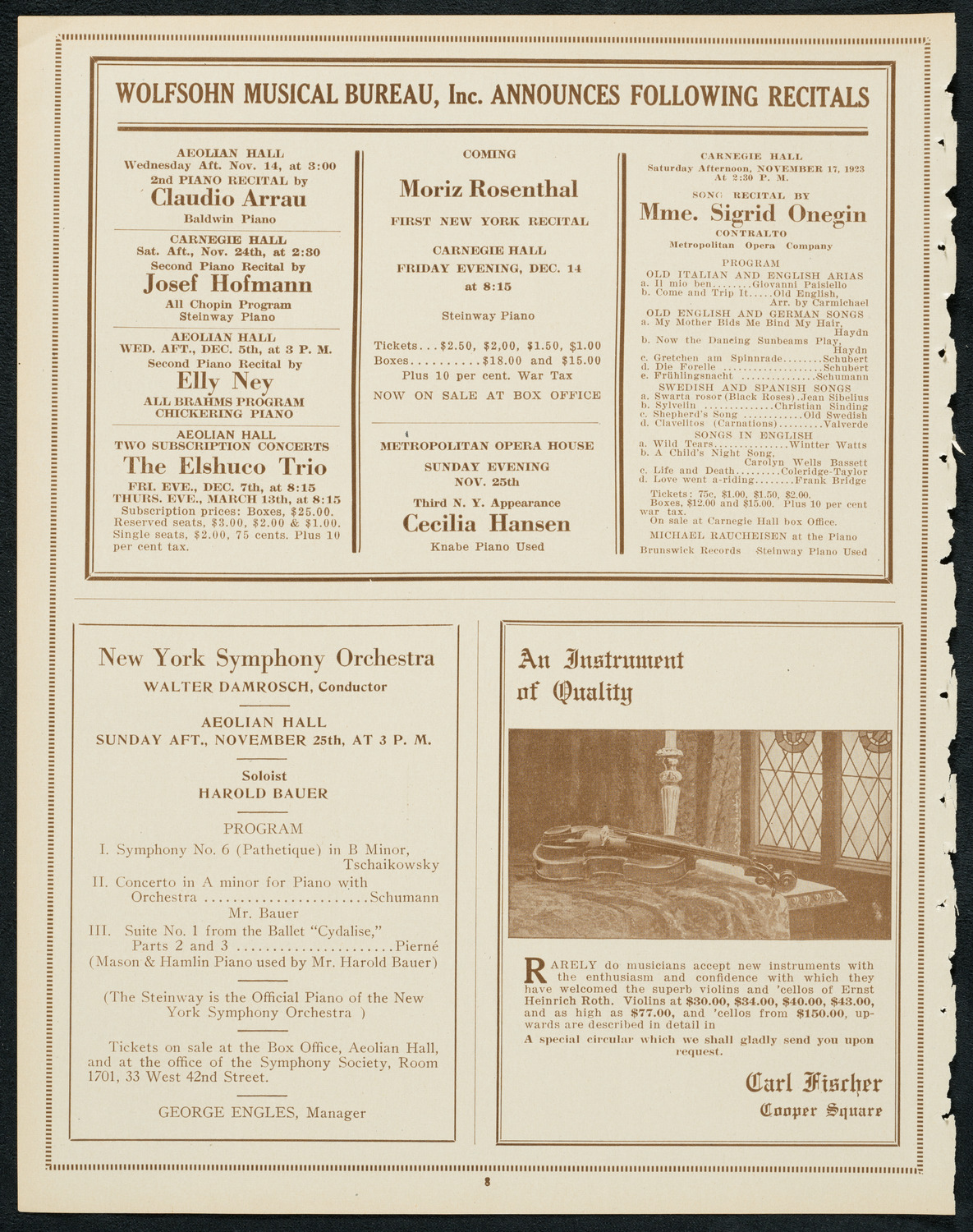Pavel Ludikar, Bronislaw Huberman, and Alexander Borovsky, November 13, 1923, program page 8