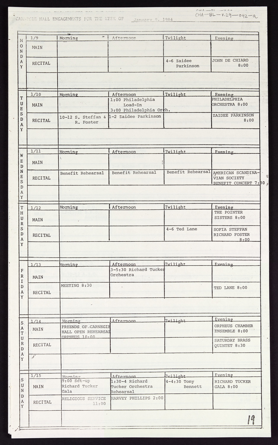 Carnegie Hall Booking Ledger, volume 29, page 42a