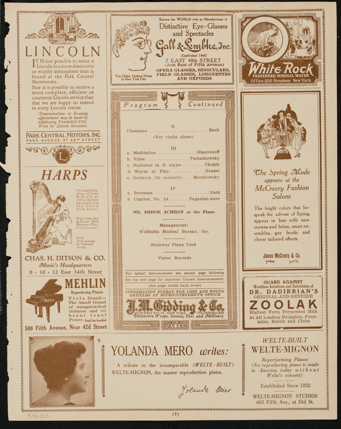 Jascha Heifetz, Violin, April 5, 1925, program page 7