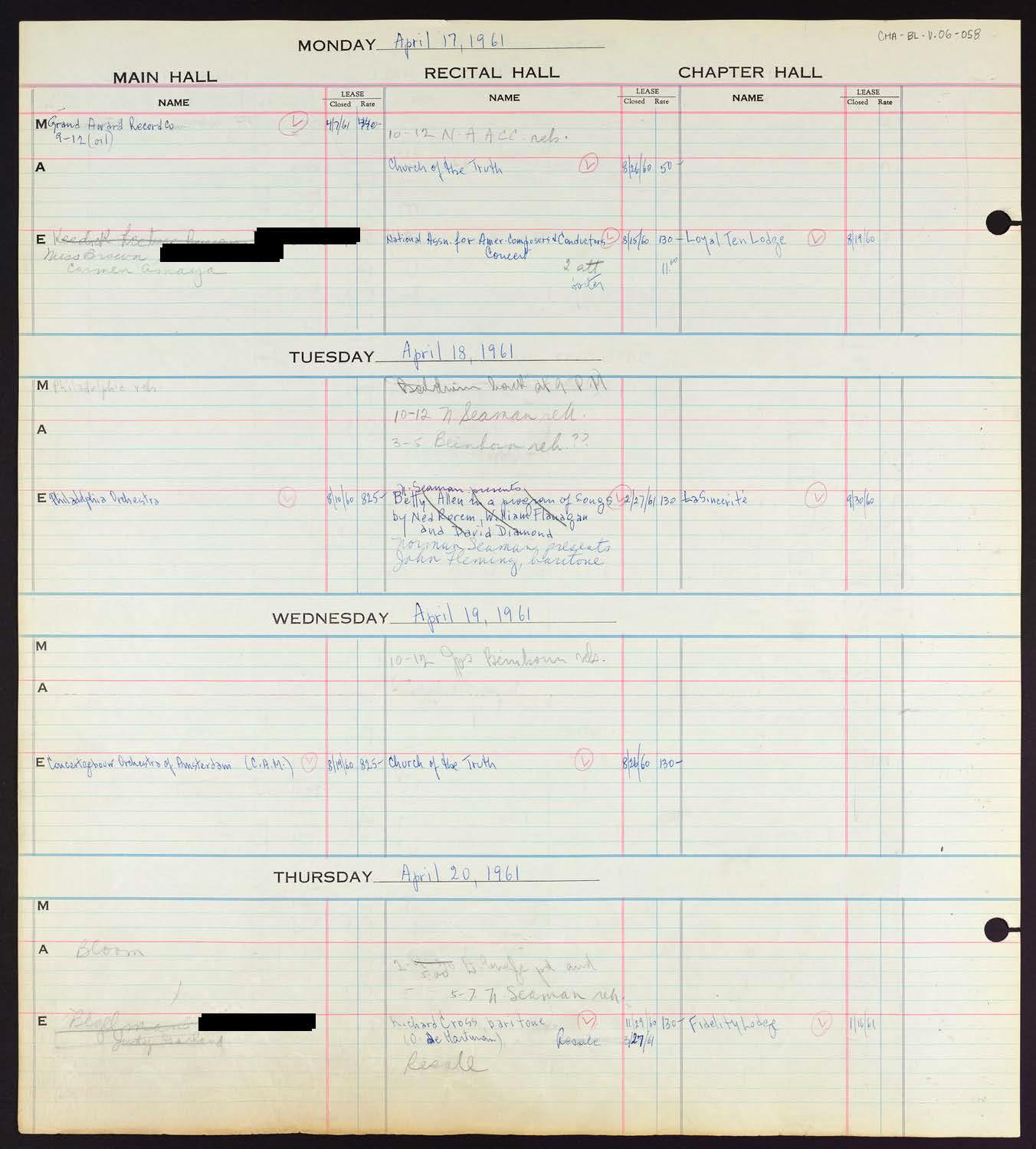 Carnegie Hall Booking Ledger, volume 6, page 58