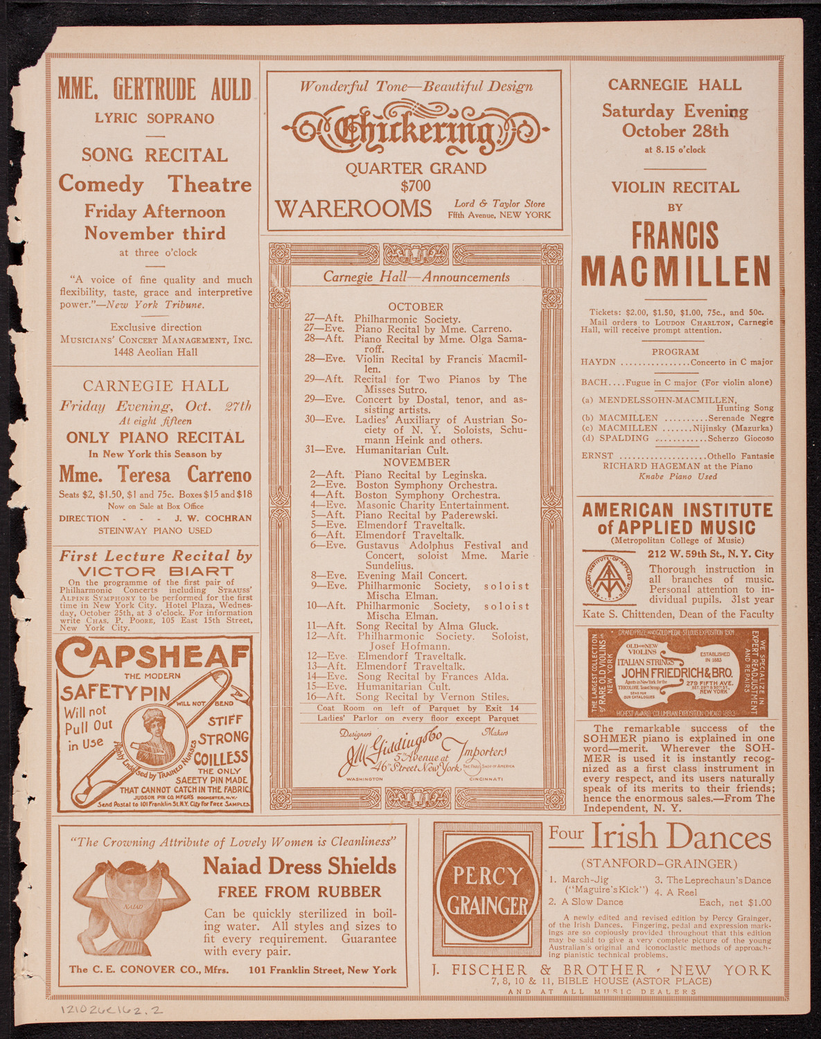 New York Philharmonic, October 26, 1916, program page 3