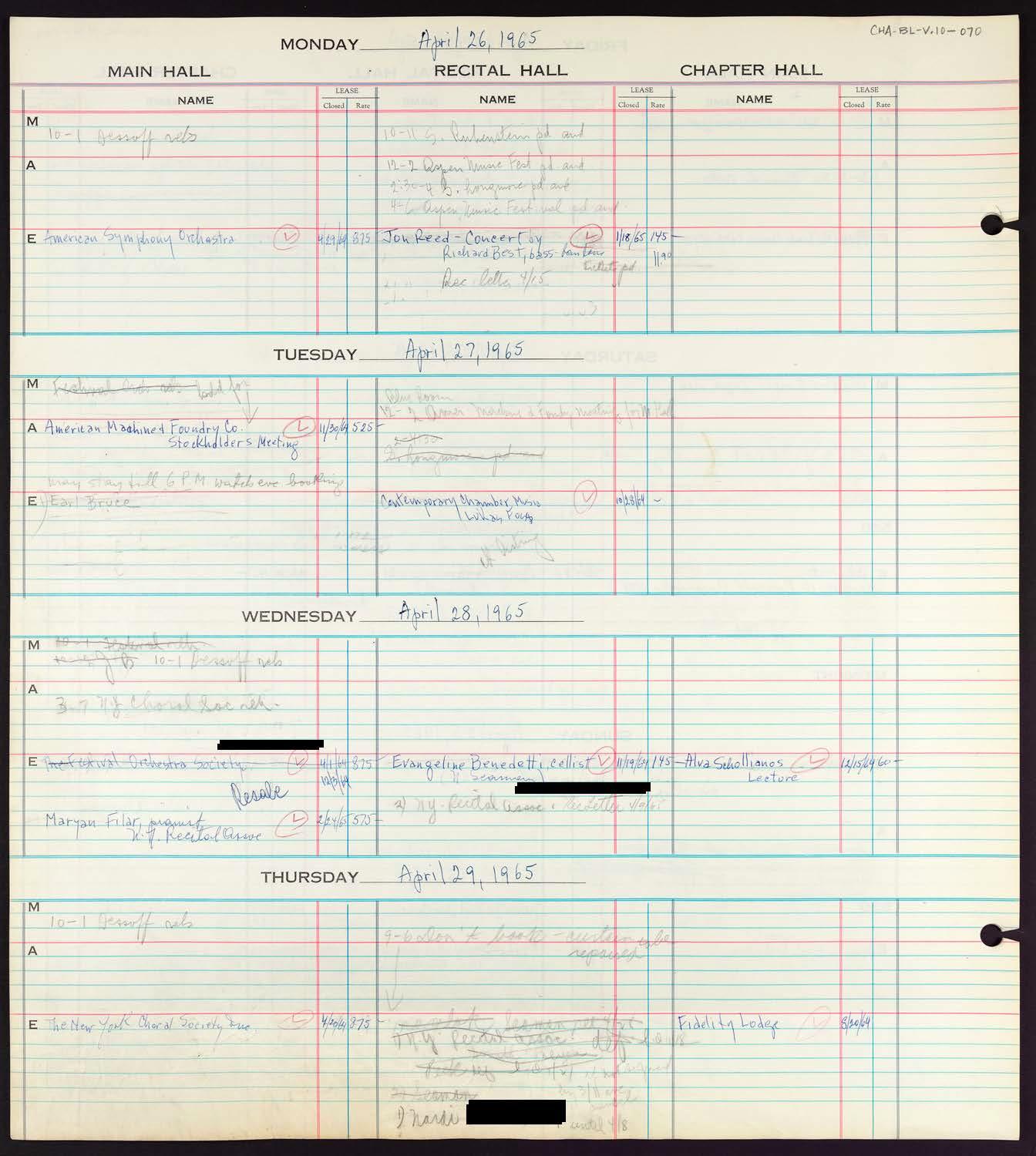 Carnegie Hall Booking Ledger, volume 10, page 70