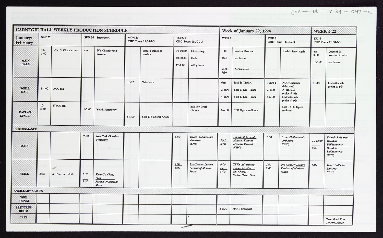 Carnegie Hall Booking Ledger, volume 39, page 47a