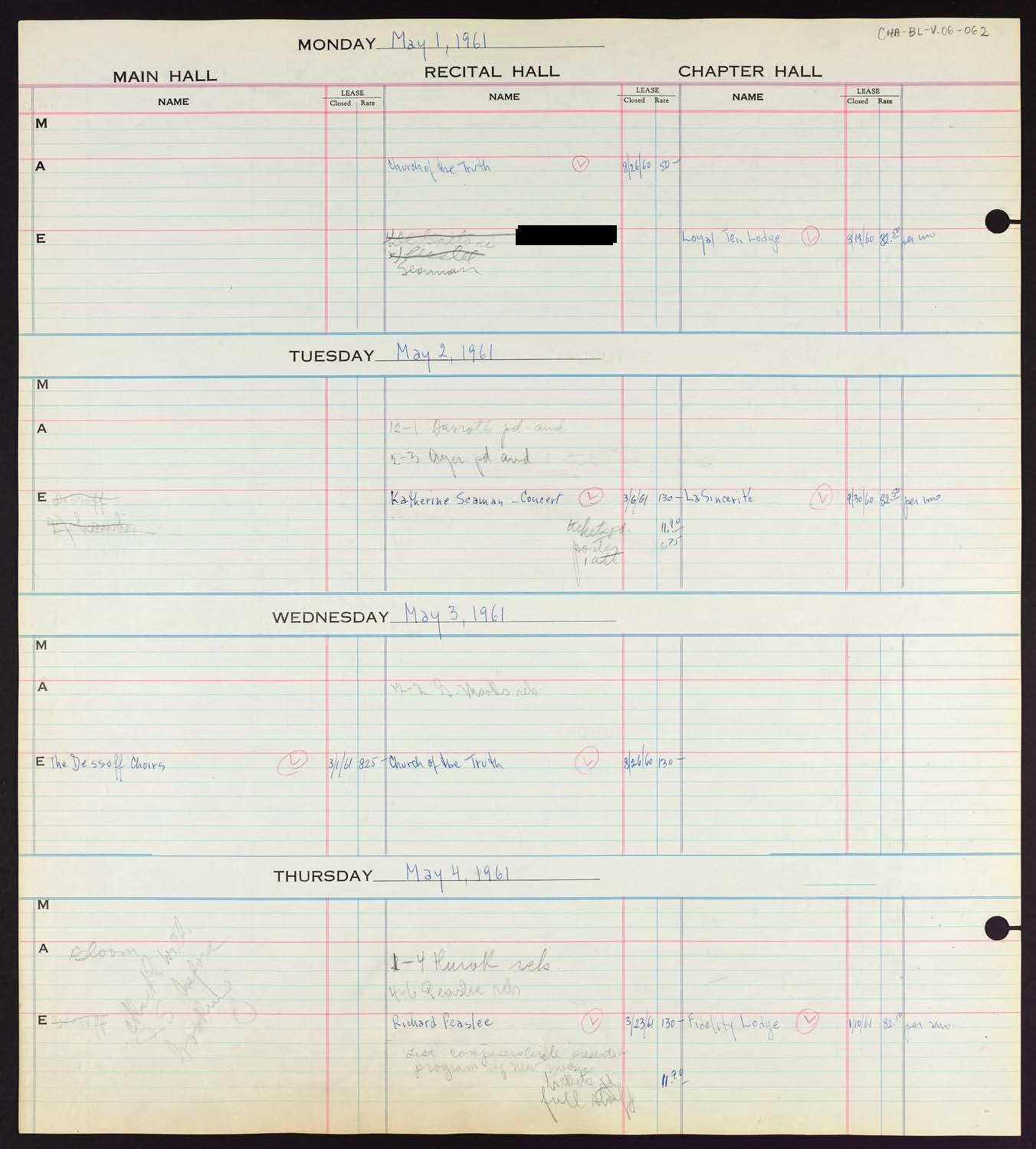 Carnegie Hall Booking Ledger, volume 6, page 62