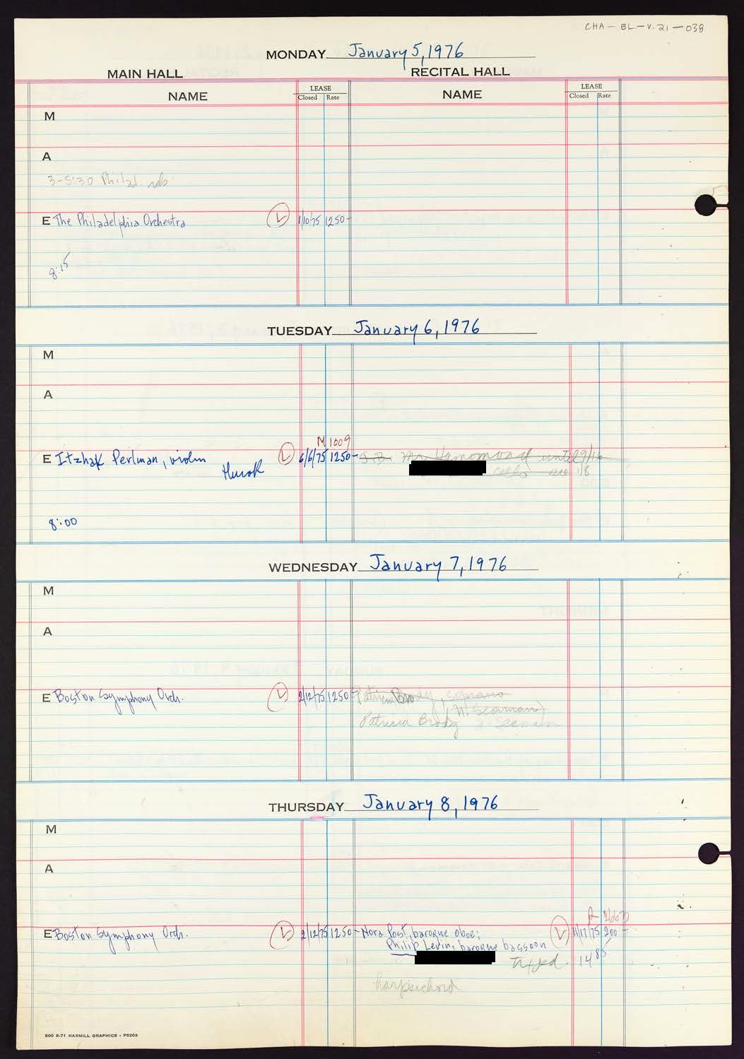 Carnegie Hall Booking Ledger, volume 21, page 38