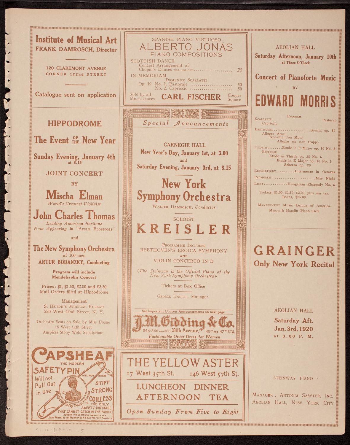 Arnold Volpe and his Symphony Orchestra with Anna Fitziu, Andres de Segurola, and Samuel Gardner, December 31, 1919, program page 9