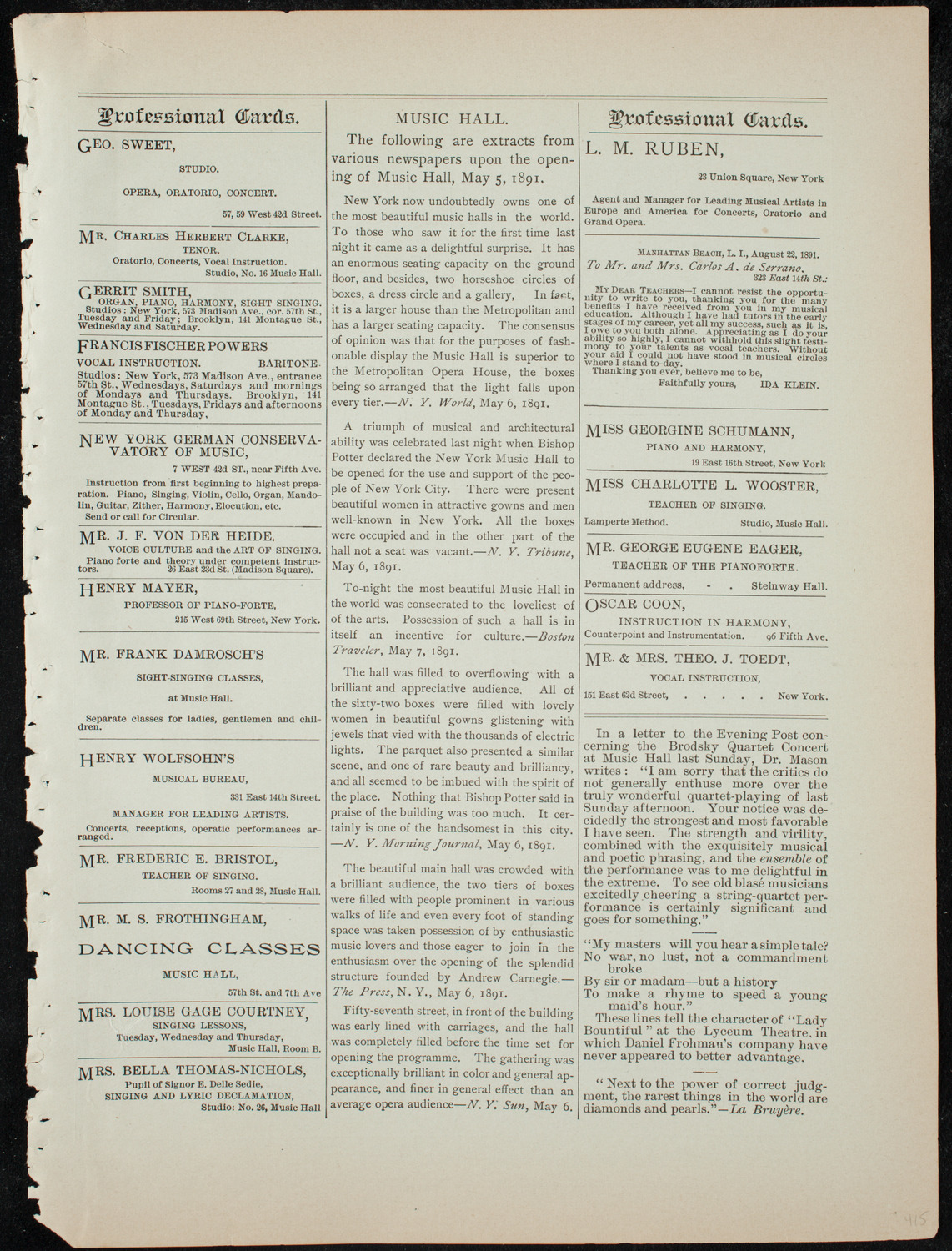 New York Symphony String Quartet, December 20, 1891, program page 11