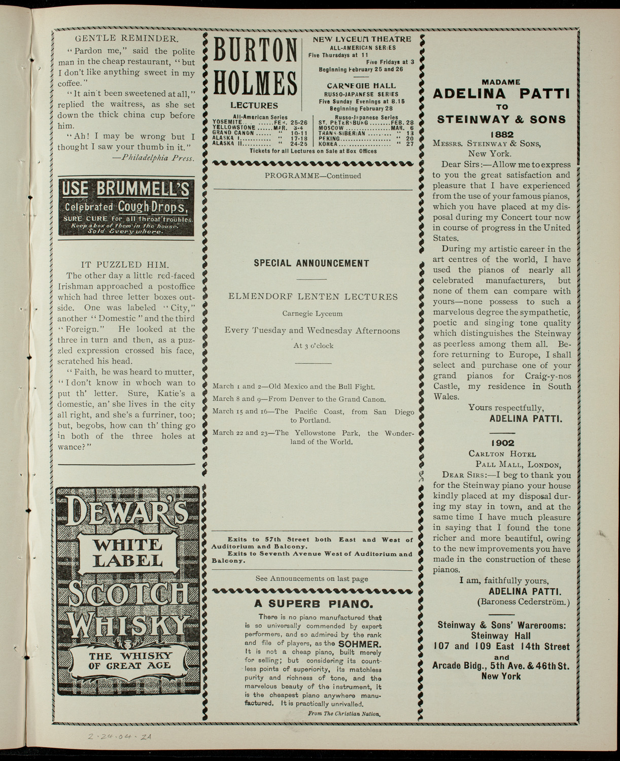 Elmendorf Lecture: Egypt, Yesterday and To-Day, February 24, 1904, program page 3