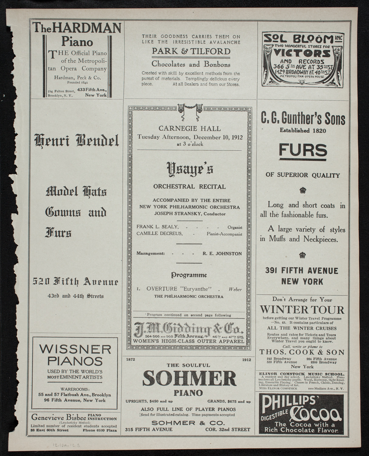 Eugène Ysaÿe, Violin, with the New York Philharmonic, December 10, 1912, program page 5