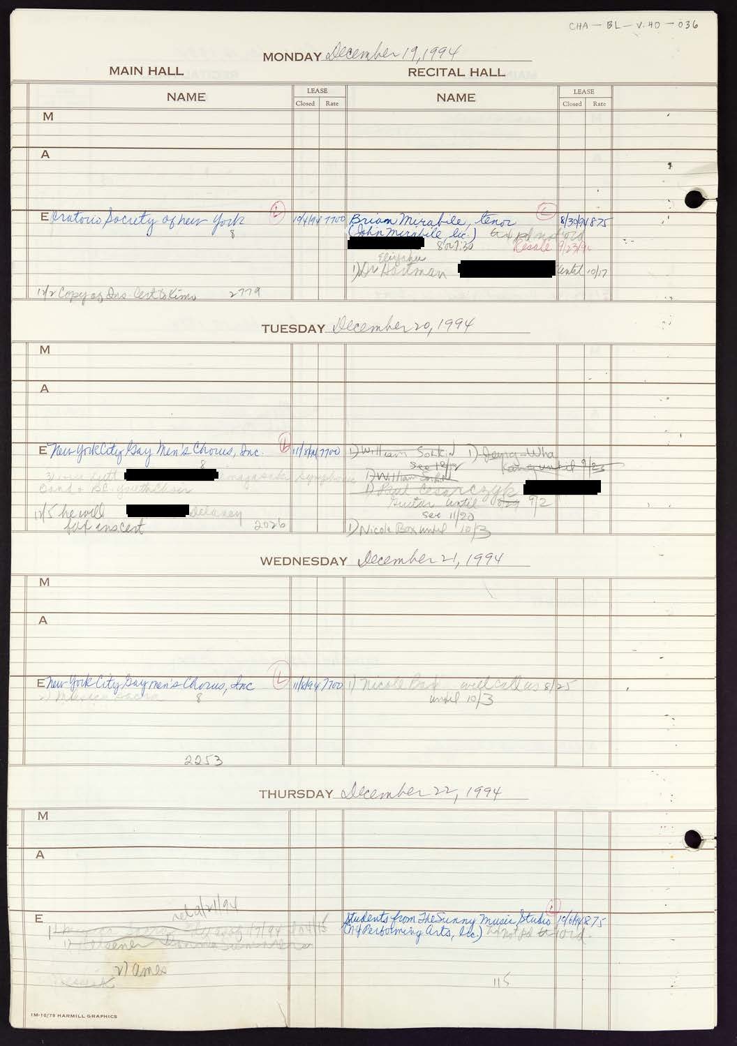 Carnegie Hall Booking Ledger, volume 40, page 36