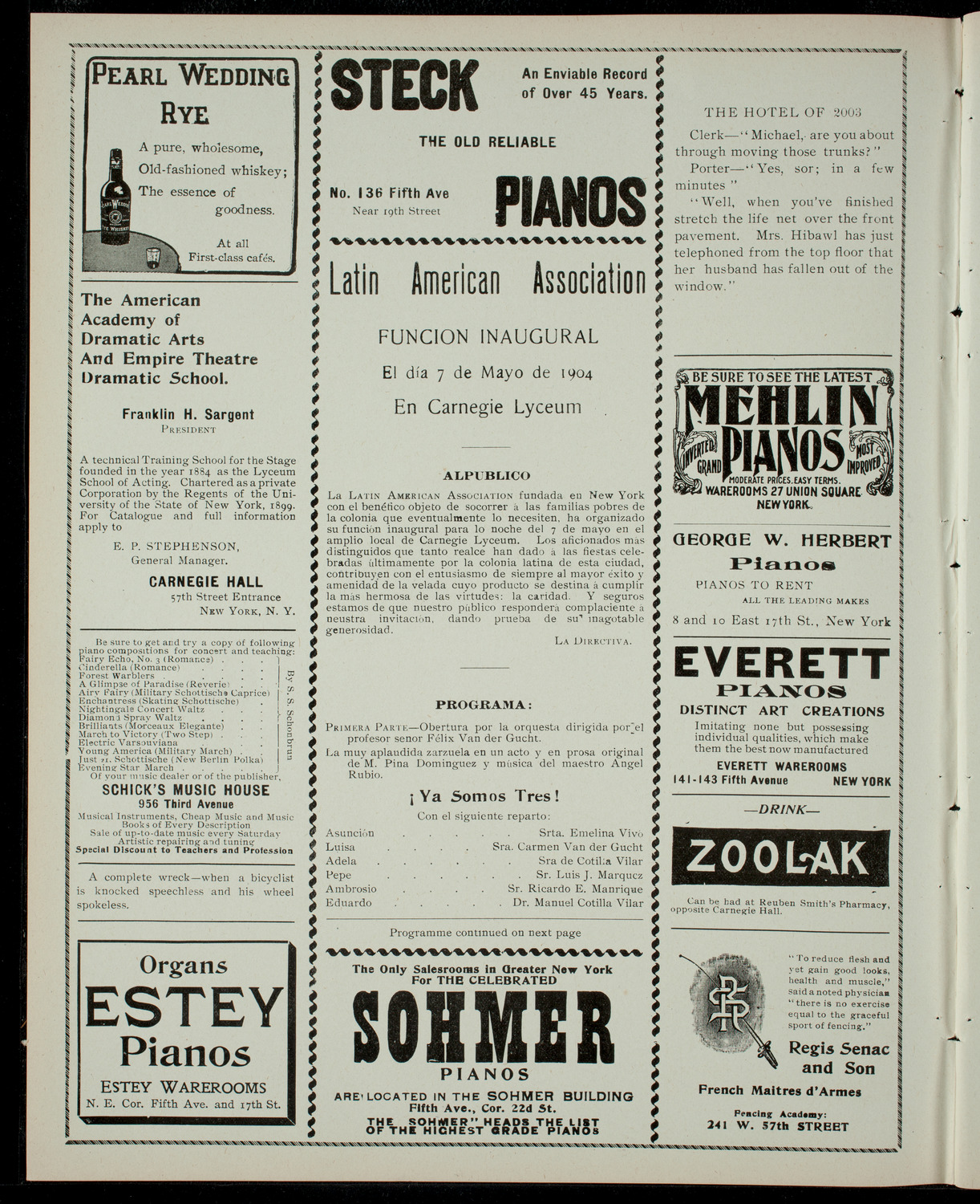 Latin American Association Funcion Inaugural, May 7, 1904, program page 2