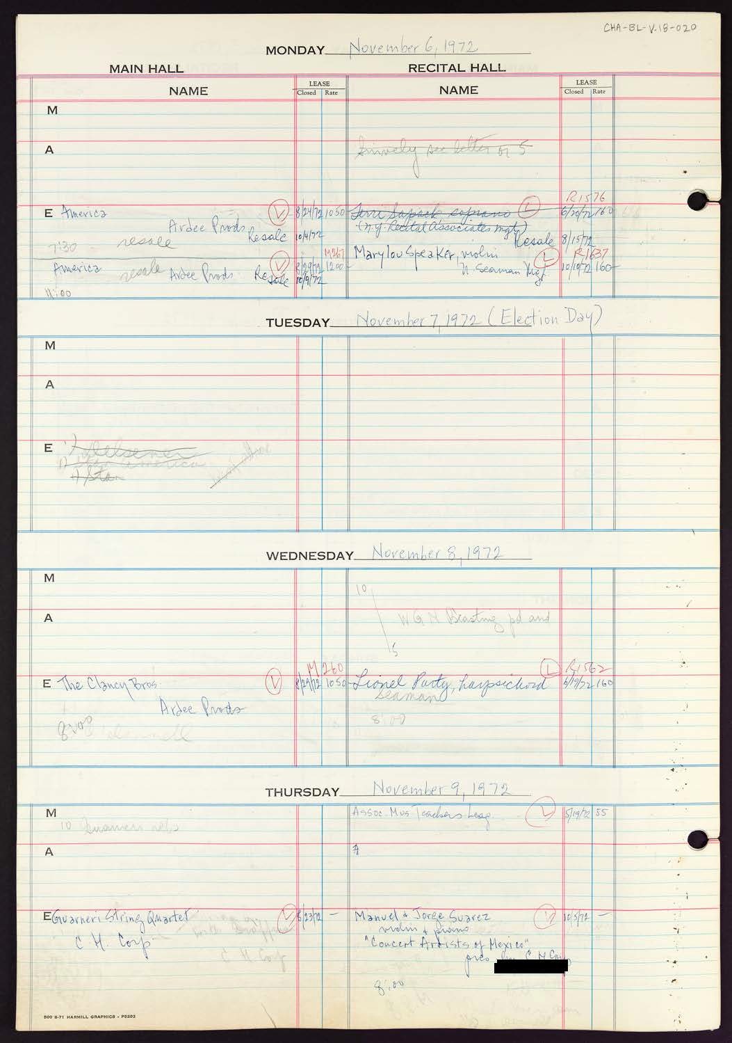 Carnegie Hall Booking Ledger, volume 18, page 20