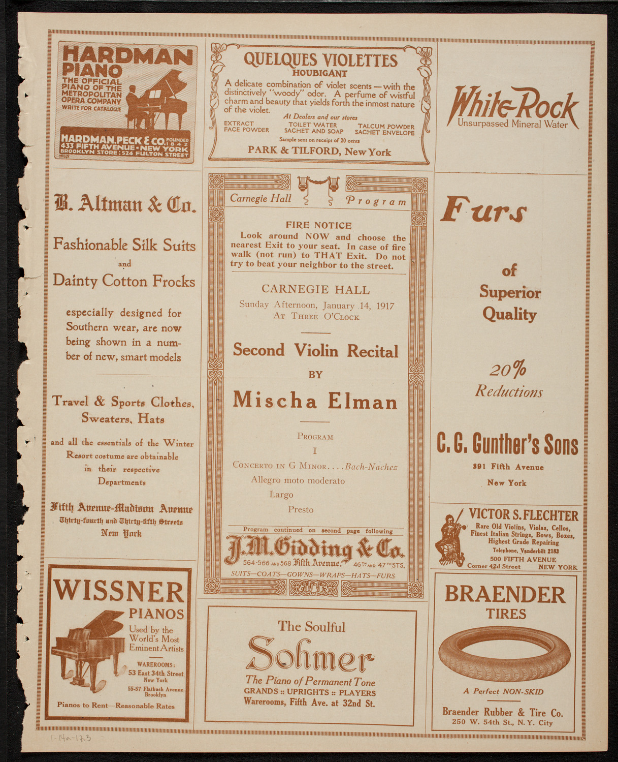 Mischa Elman, Violin, January 14, 1917, program page 5