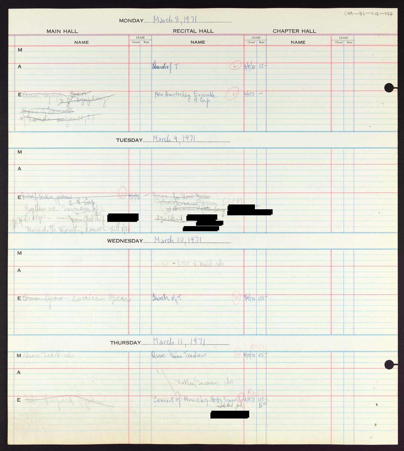 Carnegie Hall Booking Ledger, volume 16, page 56