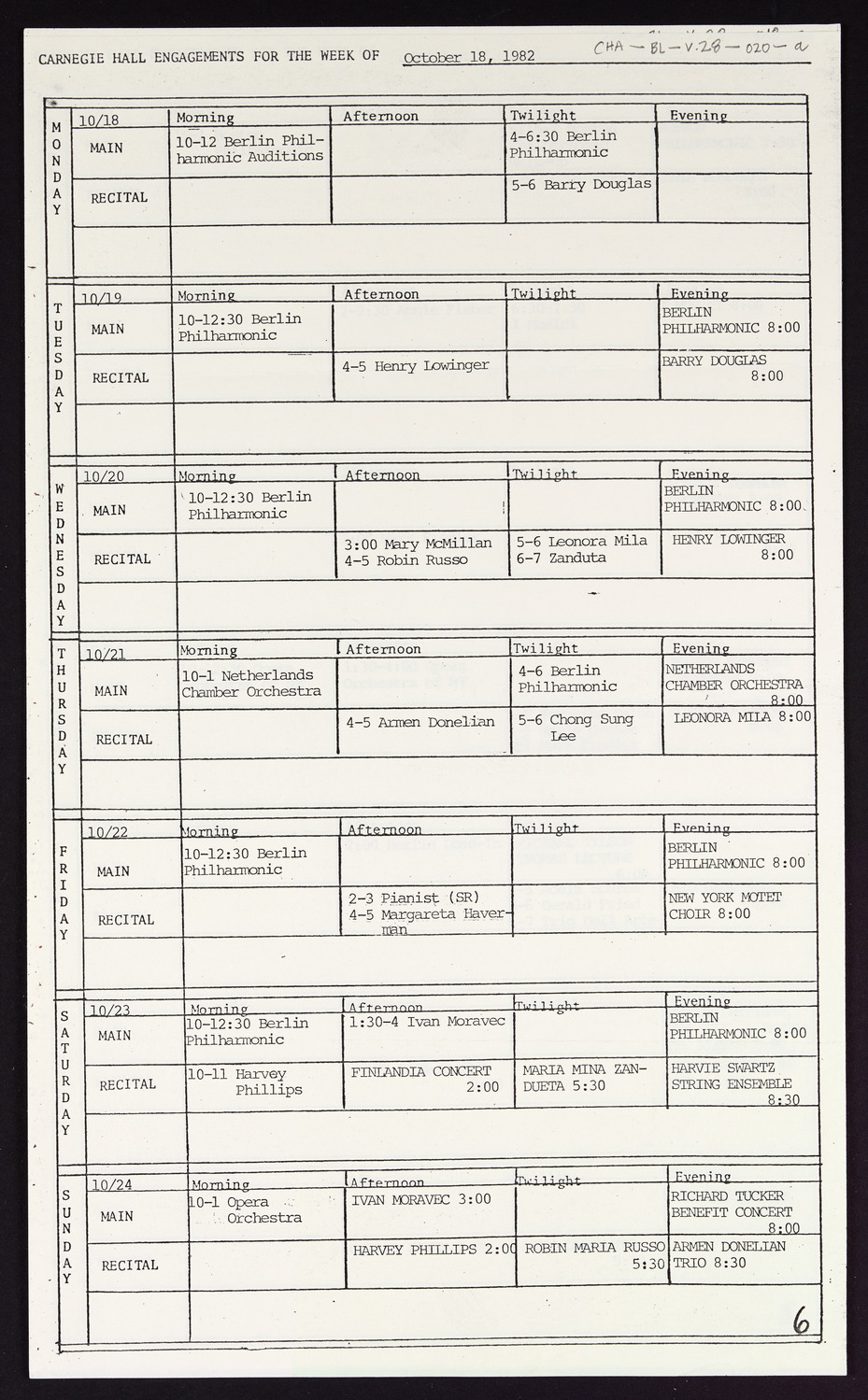 Carnegie Hall Booking Ledger, volume 28, page 20a