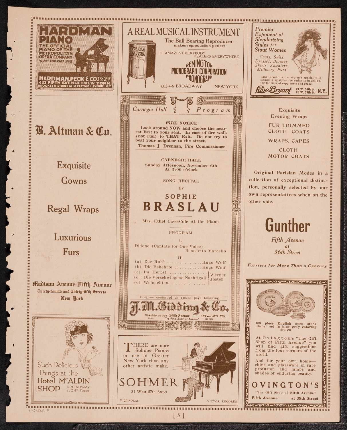 Sophie Braslau, Contralto, November 6, 1921, program page 5