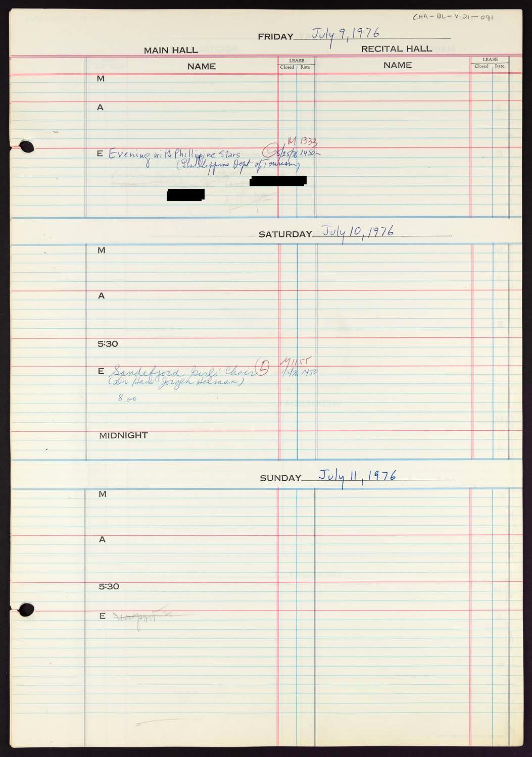 Carnegie Hall Booking Ledger, volume 21, page 91